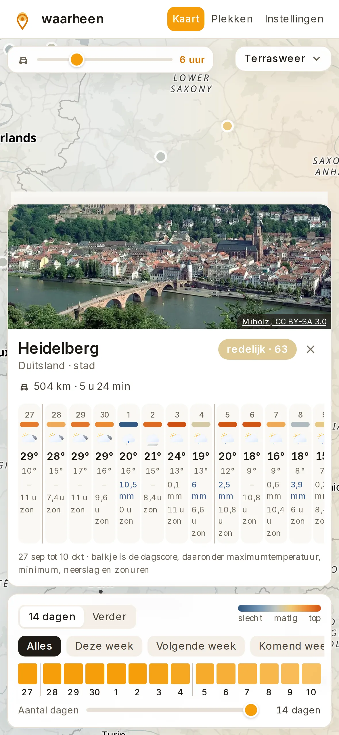 waarheen op een iPhone: Heidelberg gekozen, 504 km en ruim vijf uur rijden, met de verwachting voor veertien dagen