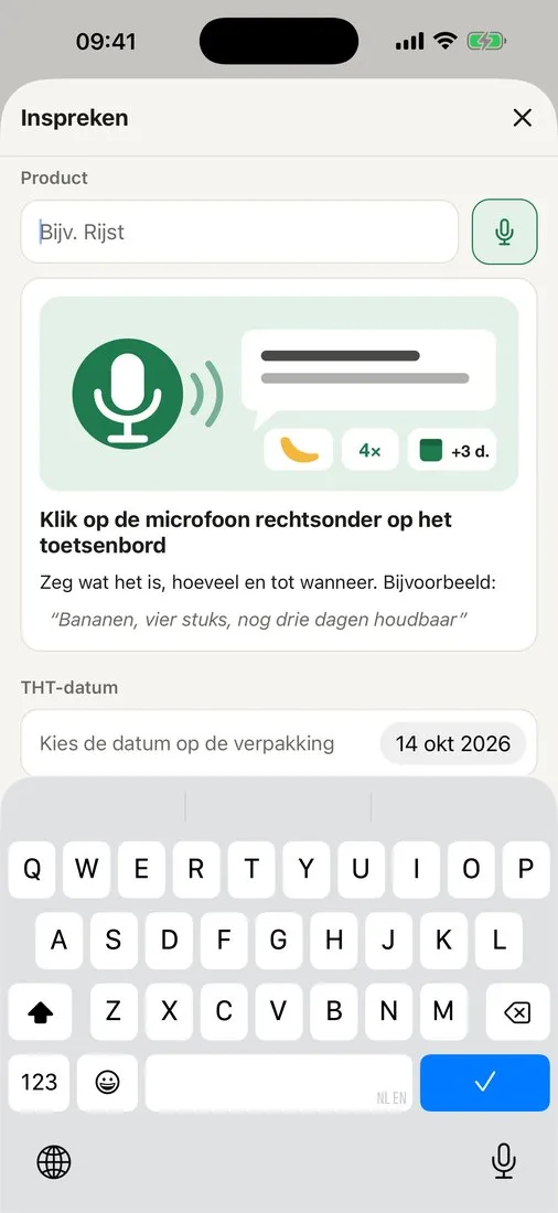 Voorraadkalender op een iPhone: een product toevoegen door het in te spreken
