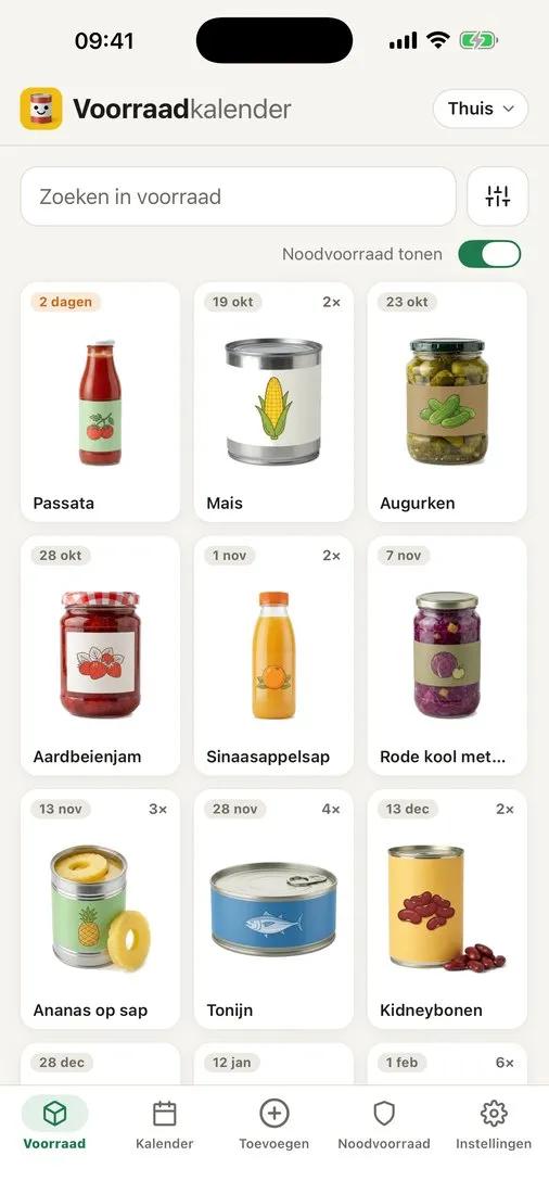 Voorraadkalender op een iPhone: de voorraad als tegels, met bovenaan wat het eerst over de datum gaat