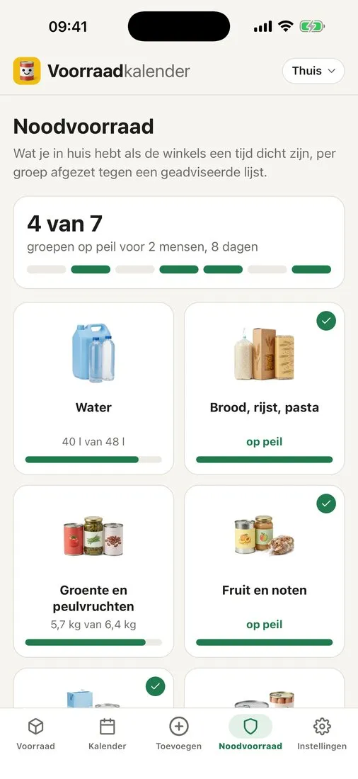 Voorraadkalender op een iPhone: de noodvoorraad per groep, met wat er nog ontbreekt